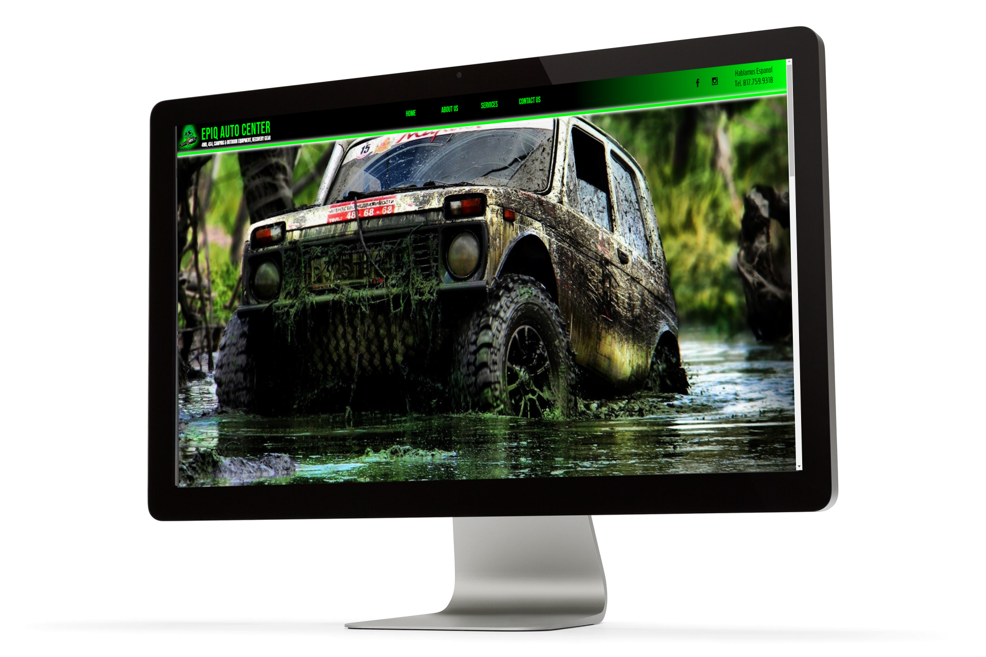 A computer monitor with a picture of a car in the water