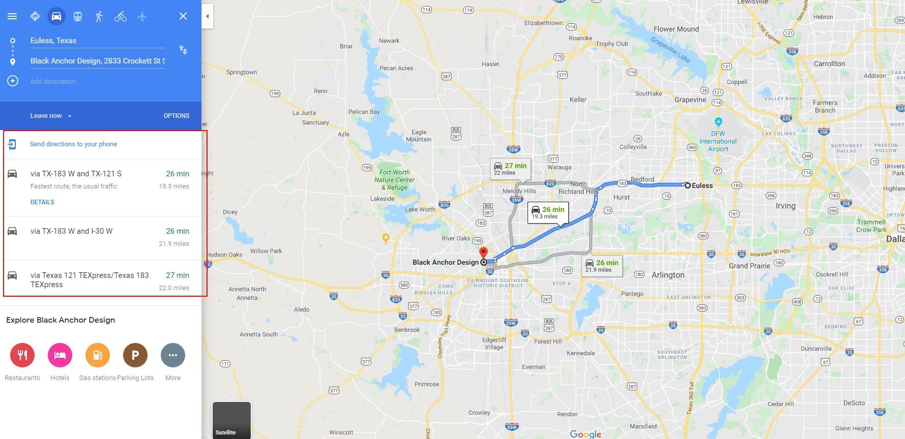 Map of Euless to Black Anchor Design