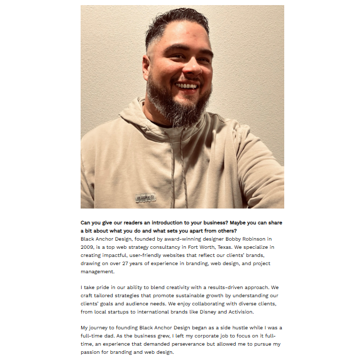 Man smiling in a headshot next to text introducing Black Anchor Design, a branding agency based in Fort Worth, Texas.