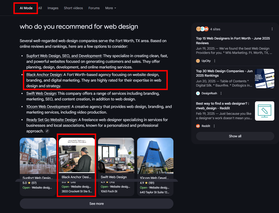 Ai Mode A web page that says why do you recommend for web design