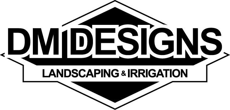 A black and white logo for dm designs landscaping and irrigation.