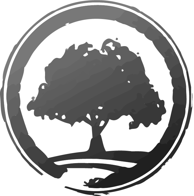 A black and white silhouette of a tree in a circle.