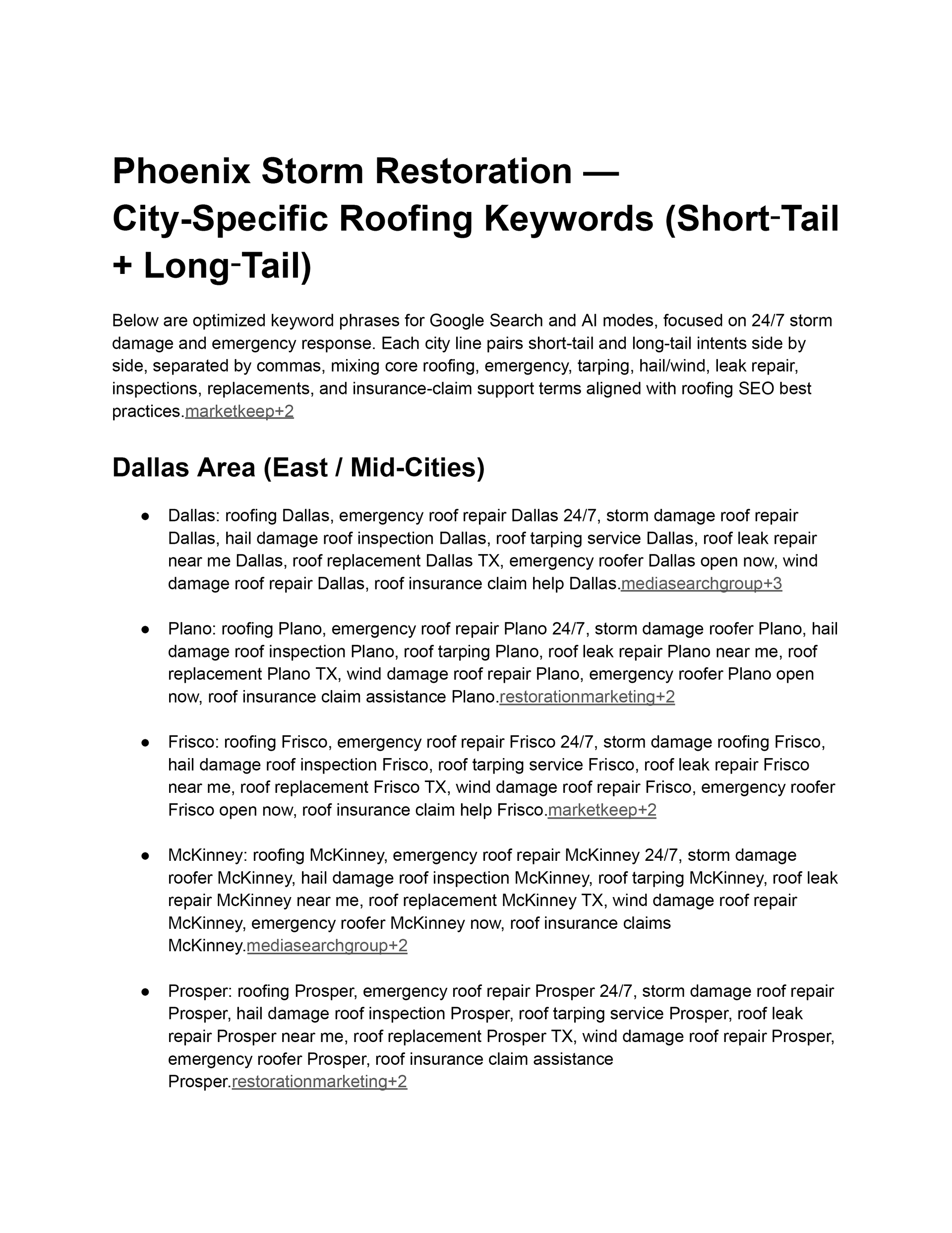 Text document: Phoenix Storm Restoration, City-Specific Roofing Keywords.