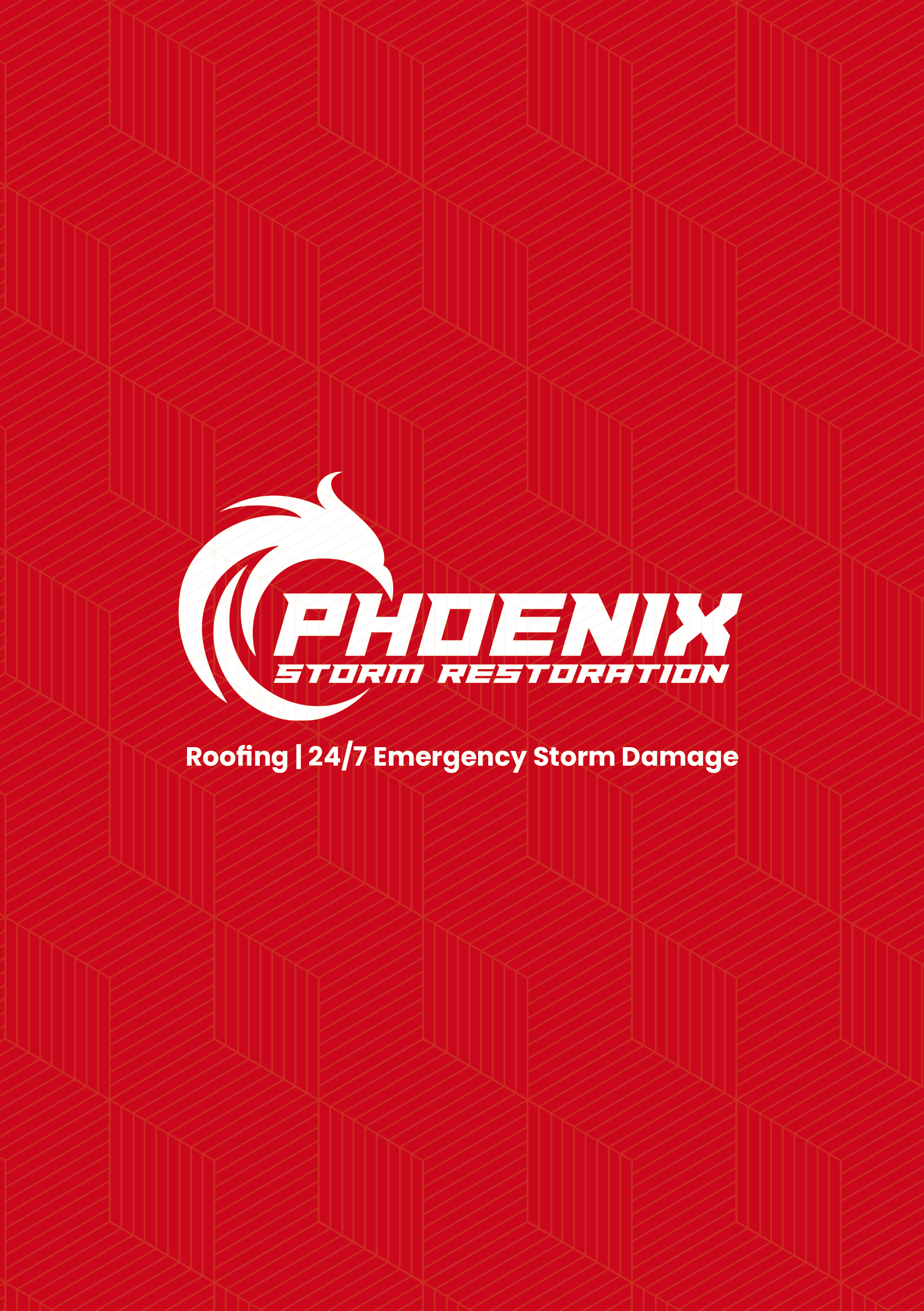 Logo for Phoenix Storm Restoration, white logo on red background; roofing, 24/7 emergency storm damage.