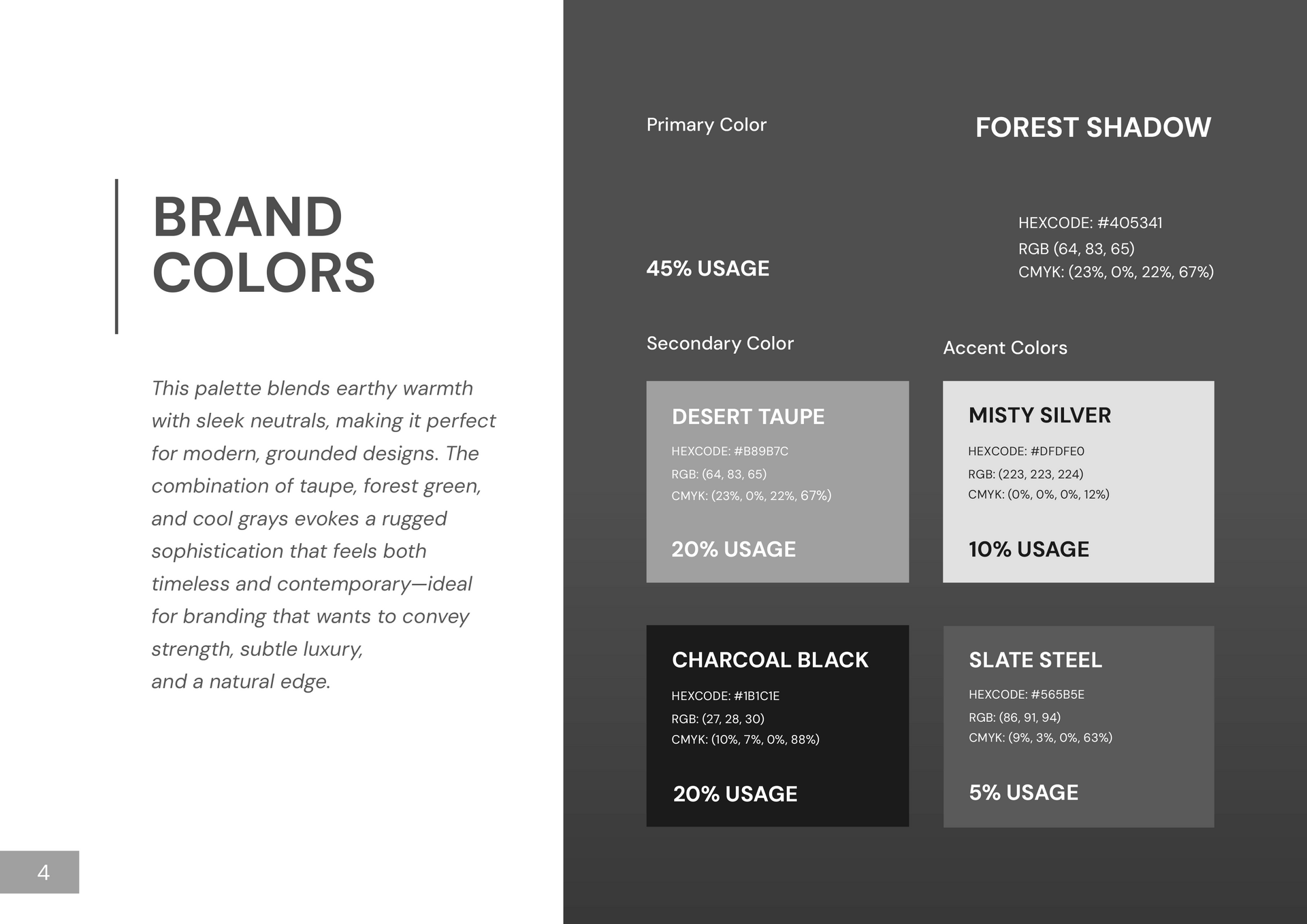 Brand colors palette with descriptions. Includes gray, black, and green shades.