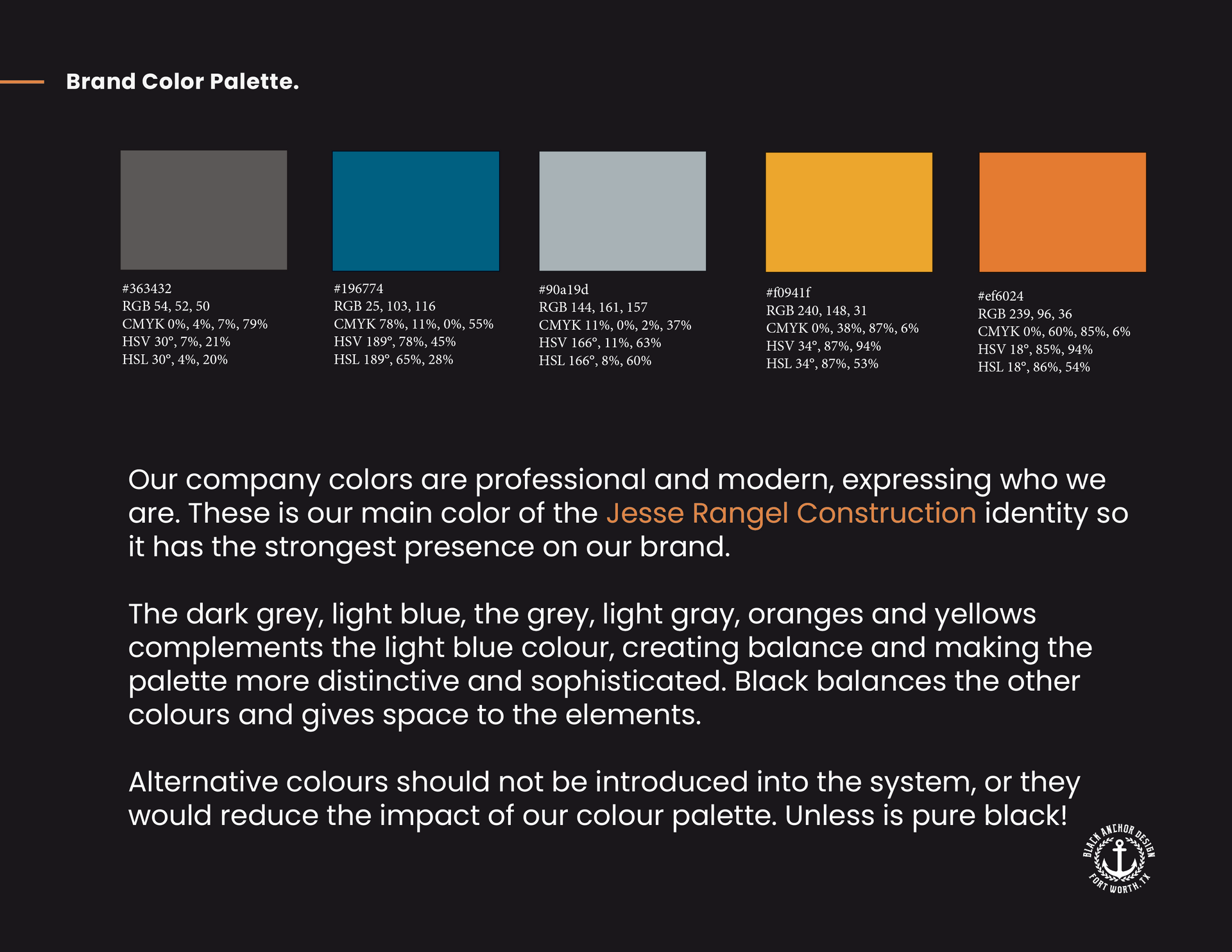 A page of a brand color palette with a black background