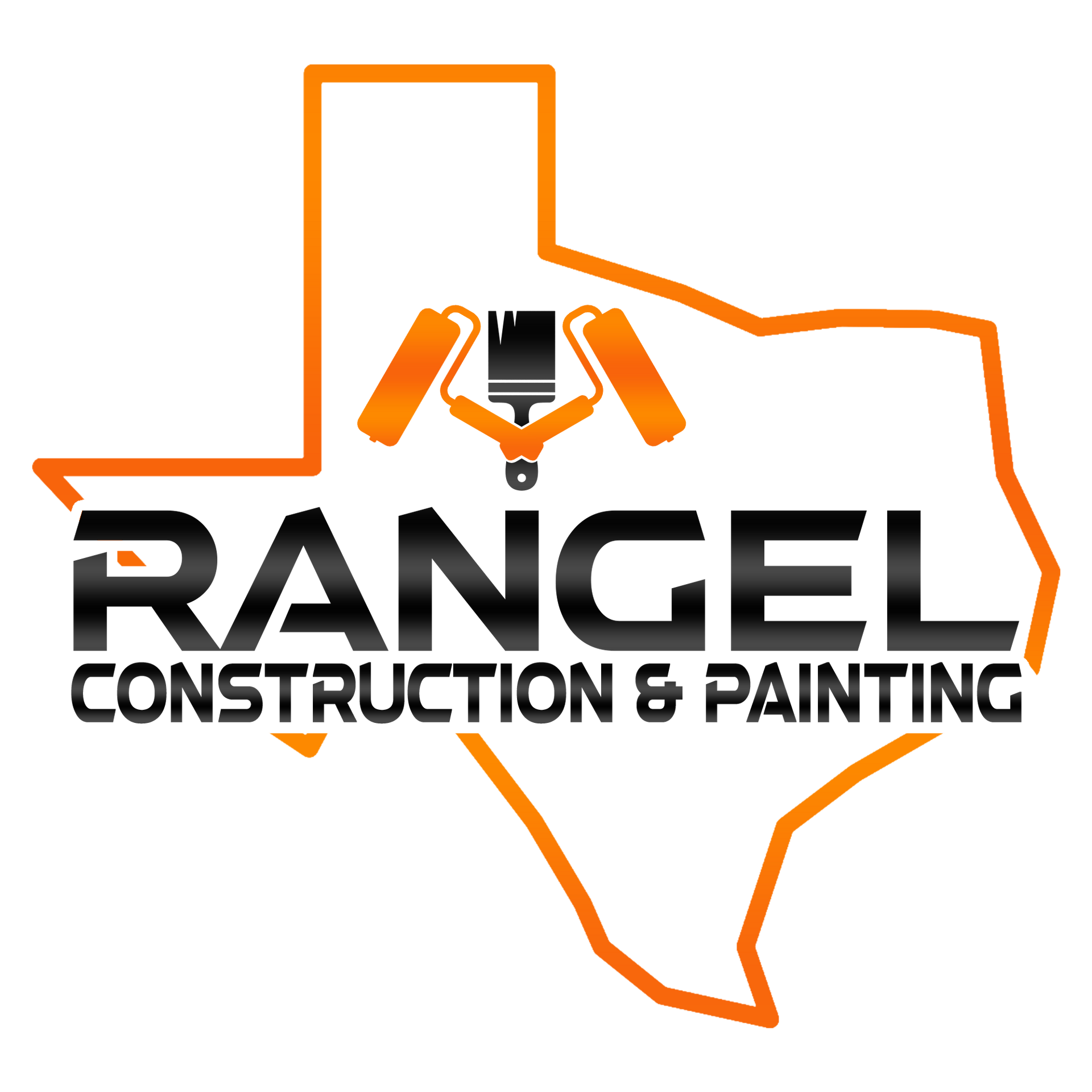 The logo for rangel construction and painting is orange and black.