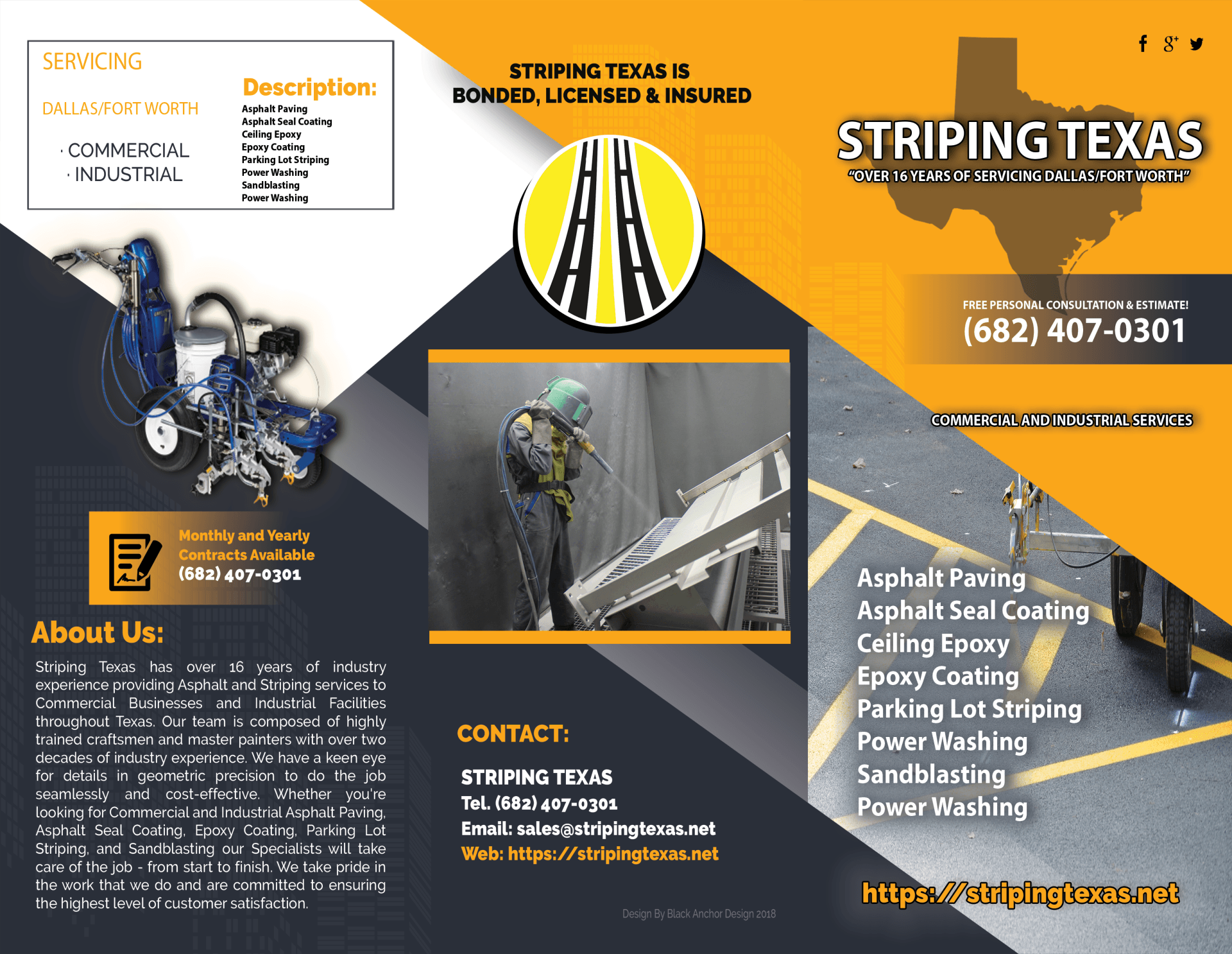 A brochure for striping texas asphalt paving and asphalt seal coating