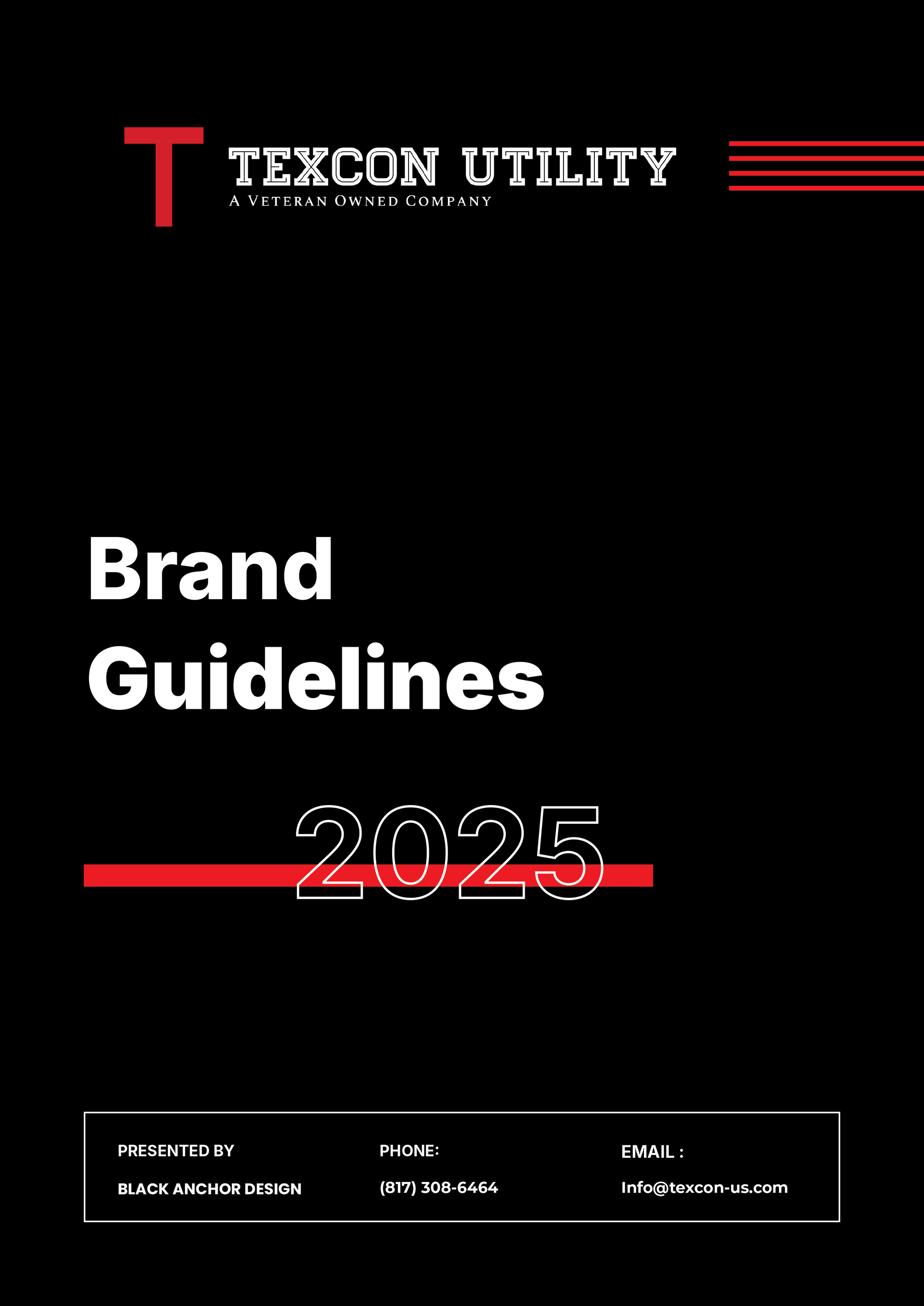Texcon Utility Brand Guidelines 2025 cover. Black background with white and red text and lines.