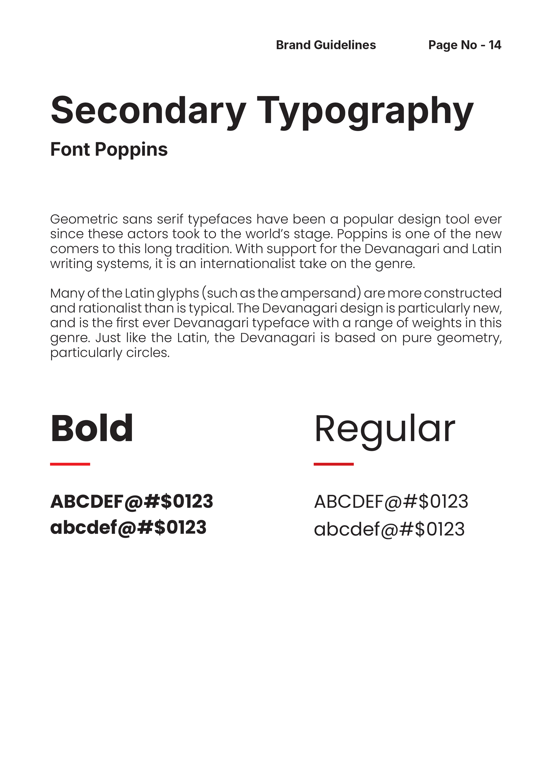Page detailing secondary typography using the font Poppine, showing bold and regular font styles with example text.