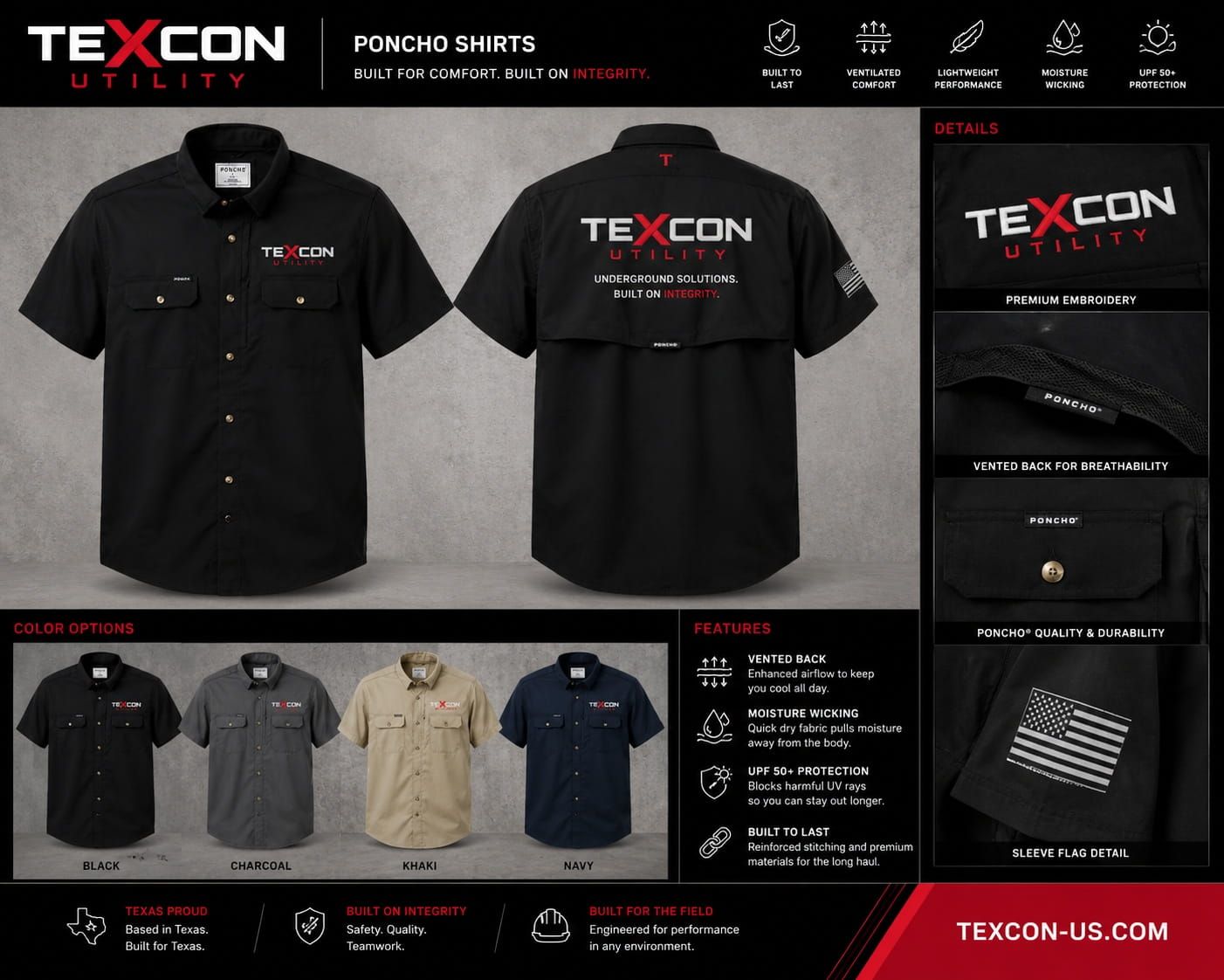 Black TEXCON pickup truck with red graphics in a branded promotional layout.