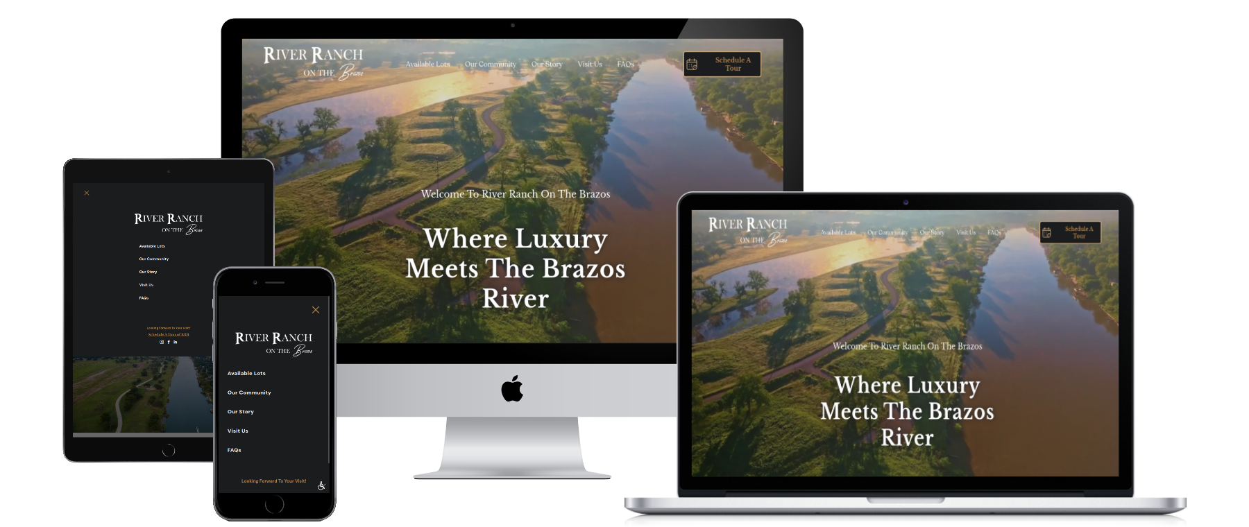 Web design displayed on multiple devices: computer, tablet, phone. Website features a river view and the tagline: 