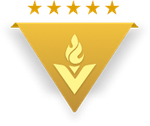 A yellow triangle with a flame and five stars on it.