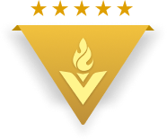 A yellow triangle with a flame and five stars on it.