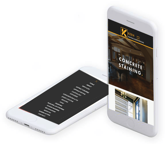 Two cell phones are displaying a website for concrete staining