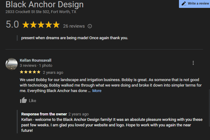 A google review for black anchor design in fort worth texas