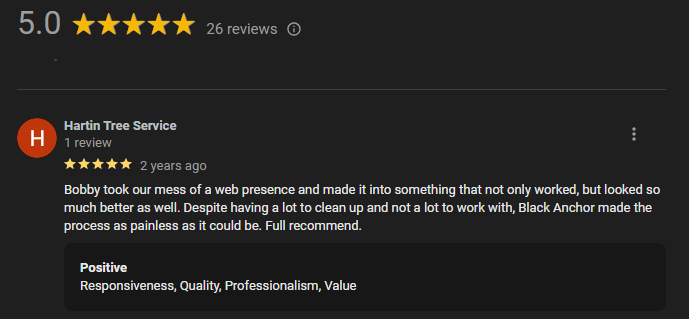 A screenshot of a google review for hards tree service