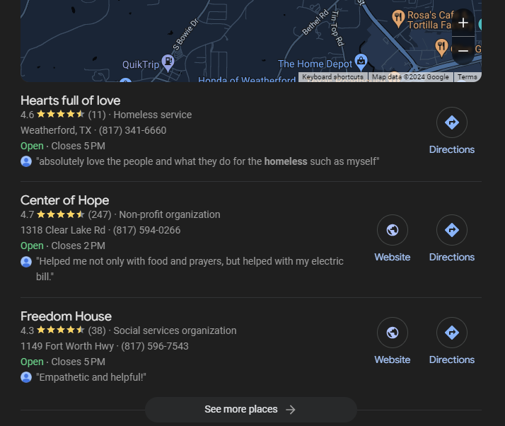 A google map shows the location of hearts full of love , center of hope , and freedom house.