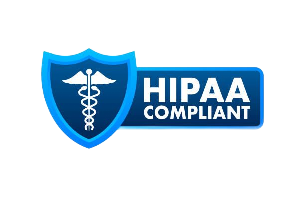 A hipaa compliant logo with a caduceus on a blue shield.