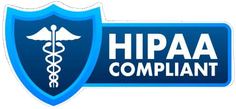 A hipaa compliant logo with a caduceus on a blue shield.