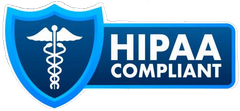 A hipaa compliant logo with a caduceus on a blue shield.