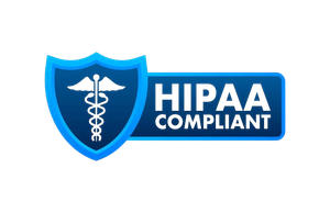 A hipaa compliant logo with a caduceus on a blue shield.