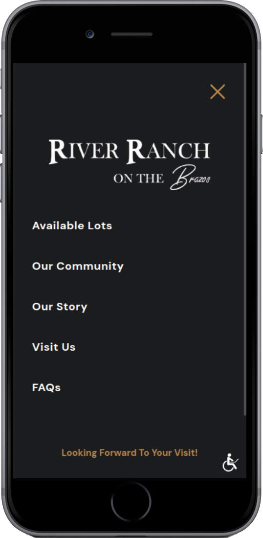 Mobile app interface for River Ranch. Menu includes 