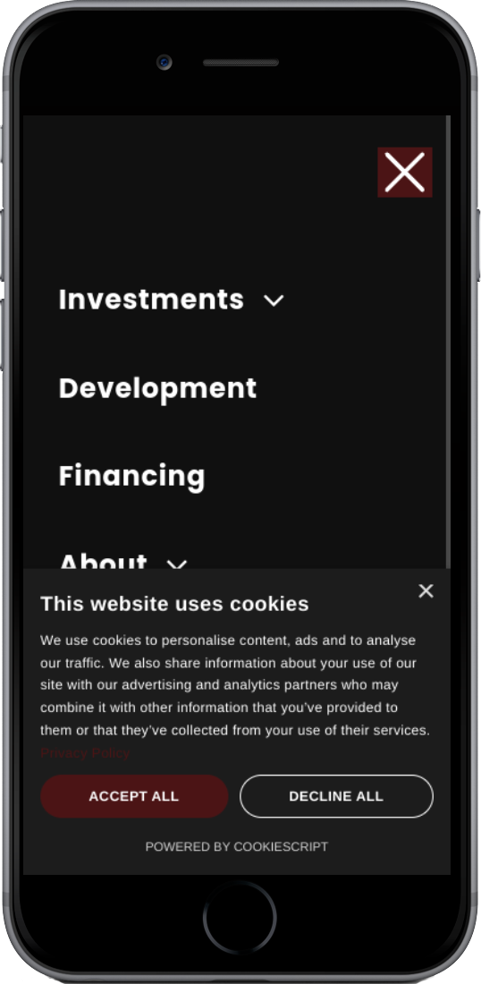 Mobile phone displaying a dark menu with options and a cookie consent banner.
