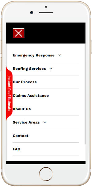 A smartphone displays a menu with roofing services. Red “Instant Roof Colorado” label.