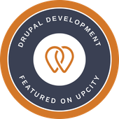 TOP DIGITAL AGENCY UPCITY Badge: Drupal Development, featured on UpCity, with a logo of two connected teardrop shapes.