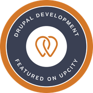 Badge: Drupal Development, featured on UpCity, with a logo of two connected teardrop shapes.