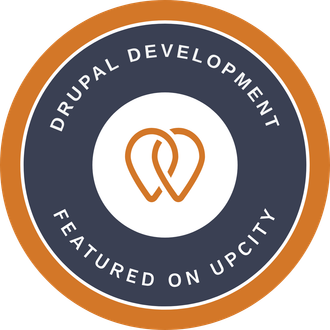 Badge: Drupal Development, featured on UpCity, with a logo of two connected teardrop shapes.