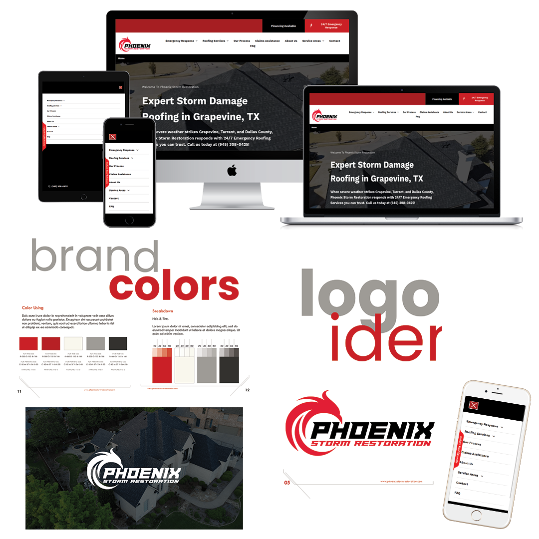 A website design showcasing responsive layouts on devices with brand colors and logo details for Phoenix Home Restoration.