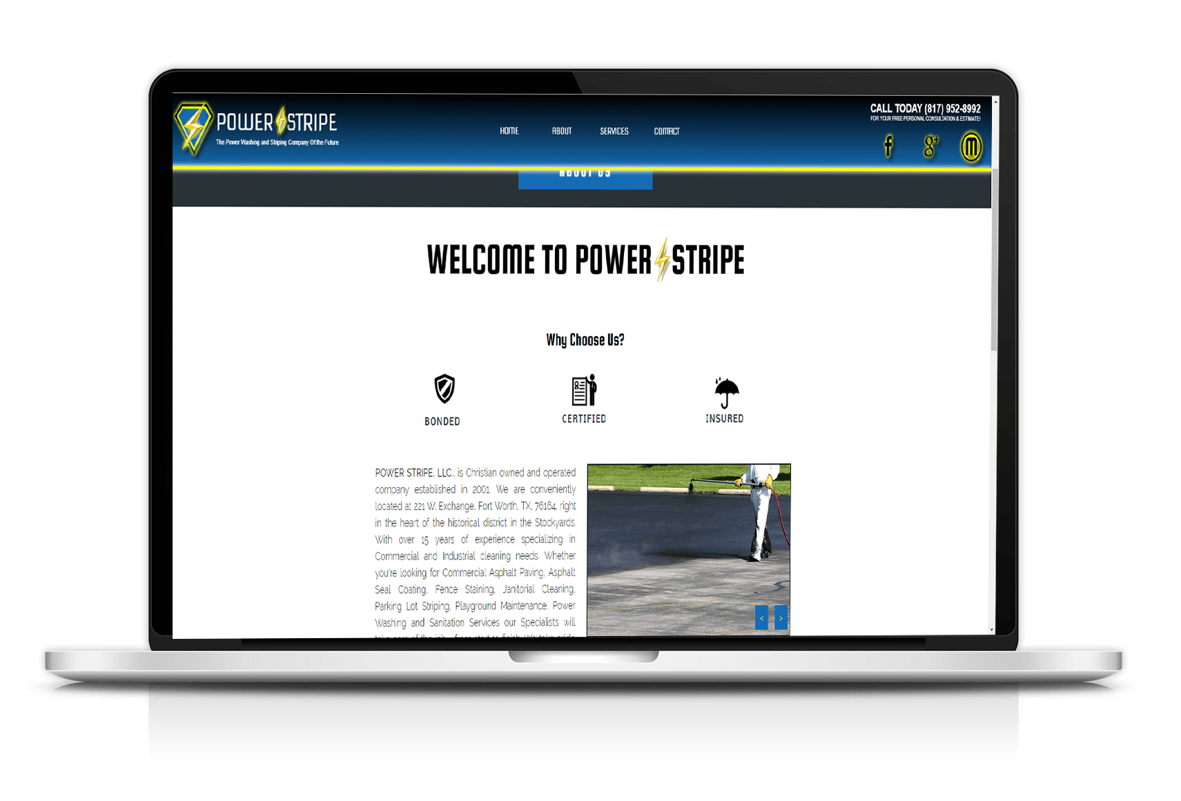 A laptop computer is open to a website that says welcome to power stripe.