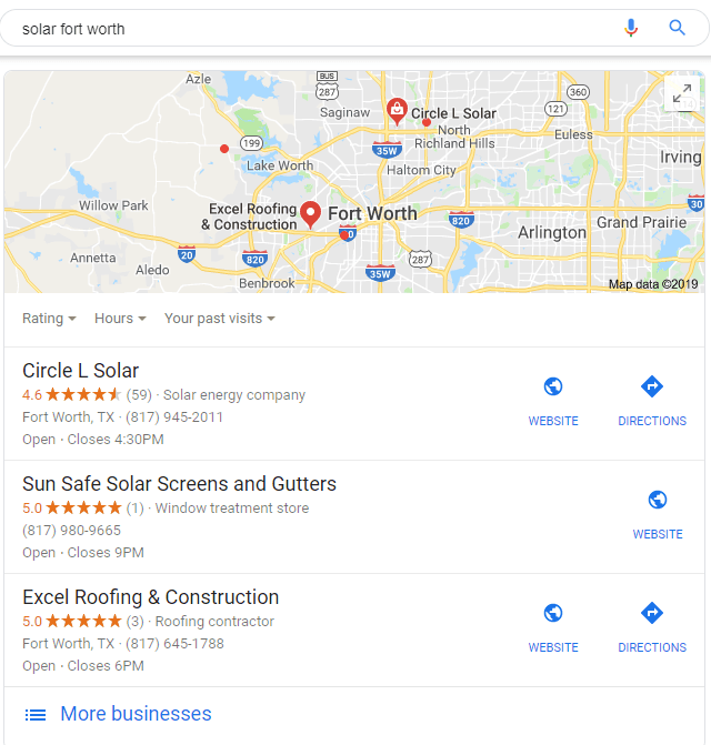 A screenshot of a google map showing businesses in fort worth , texas.