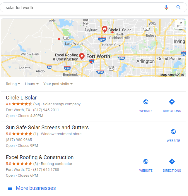 A screenshot of a google search page showing a map of a city.