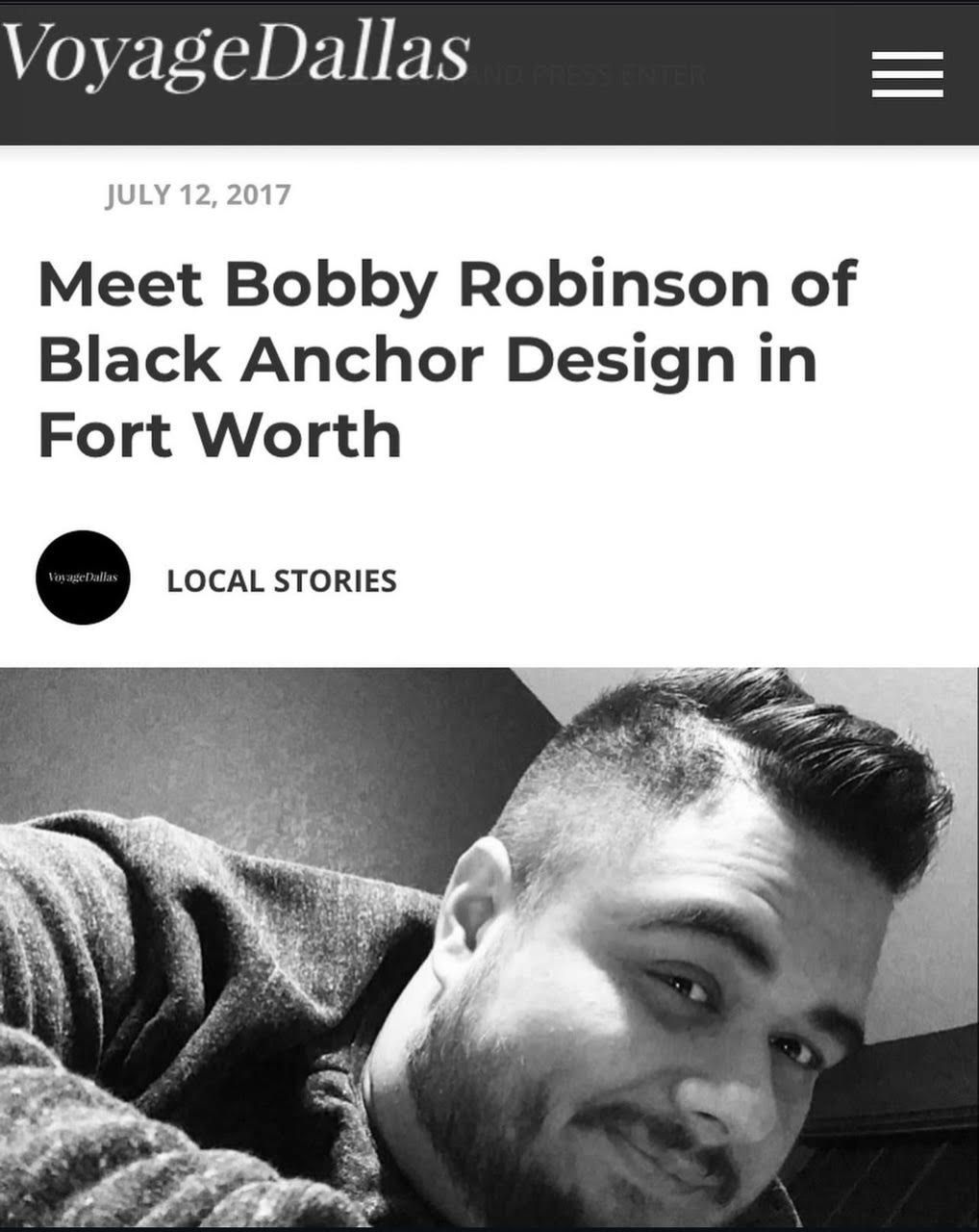 A black and white photo of a man with the words meet bobby robinson of black anchor design in fort worth