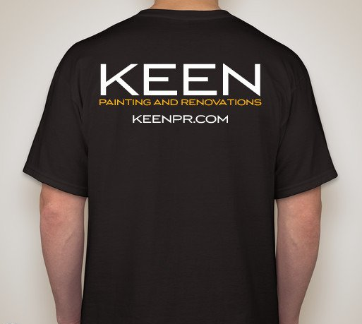 A man is wearing a black t-shirt that says keen painting and renovations