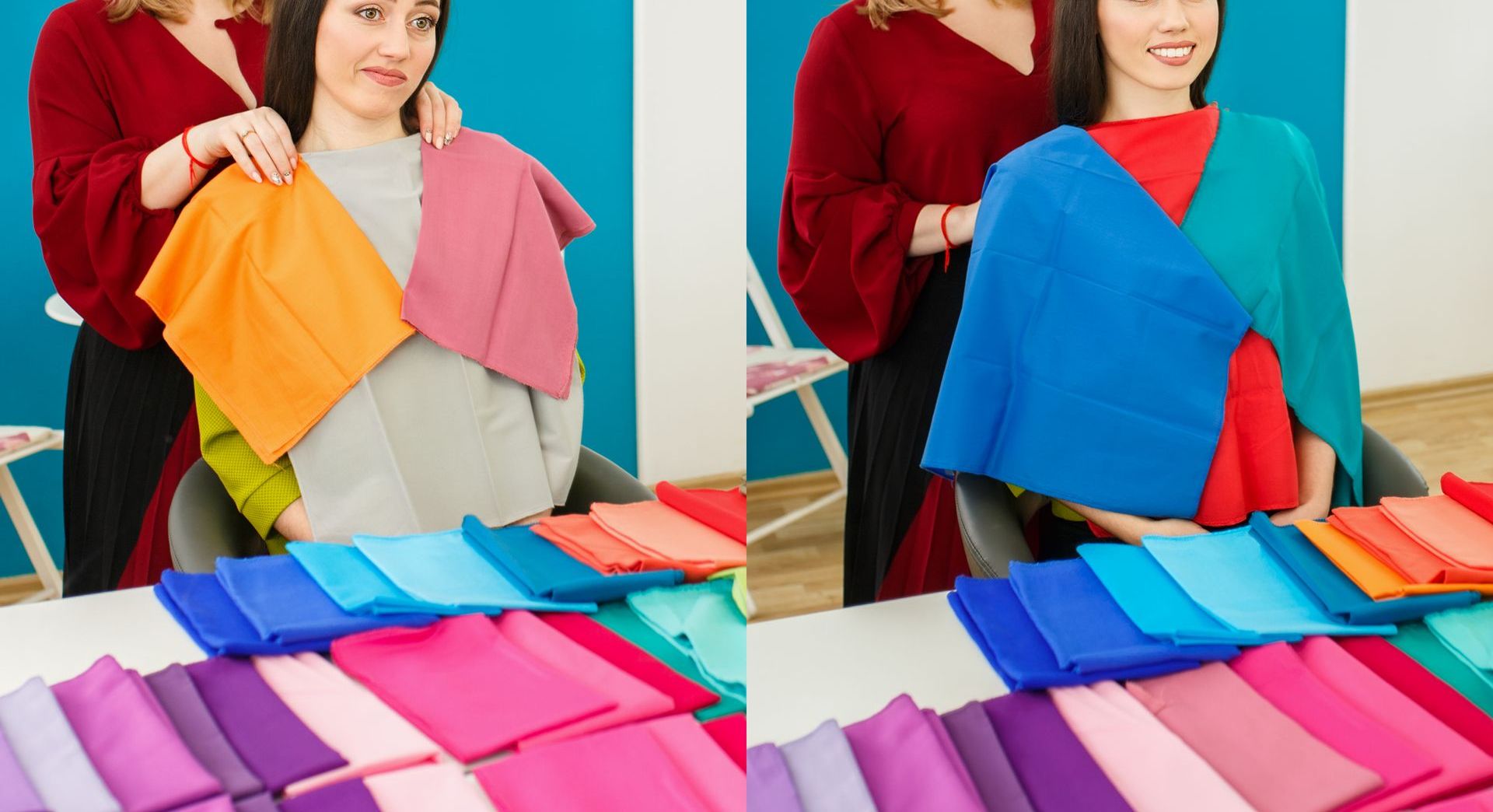 Una donna è seduta a un tavolo e tiene in mano un pezzo di stoffa.