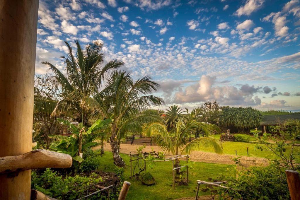 A view of a lush green field with palm trees and a blue sky with clouds.