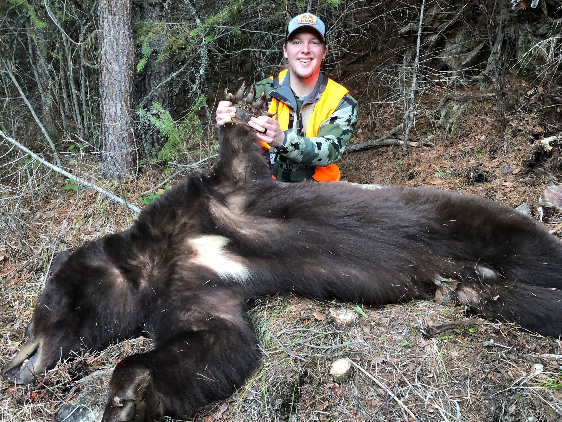 A black bear is laying on its back in the snow.