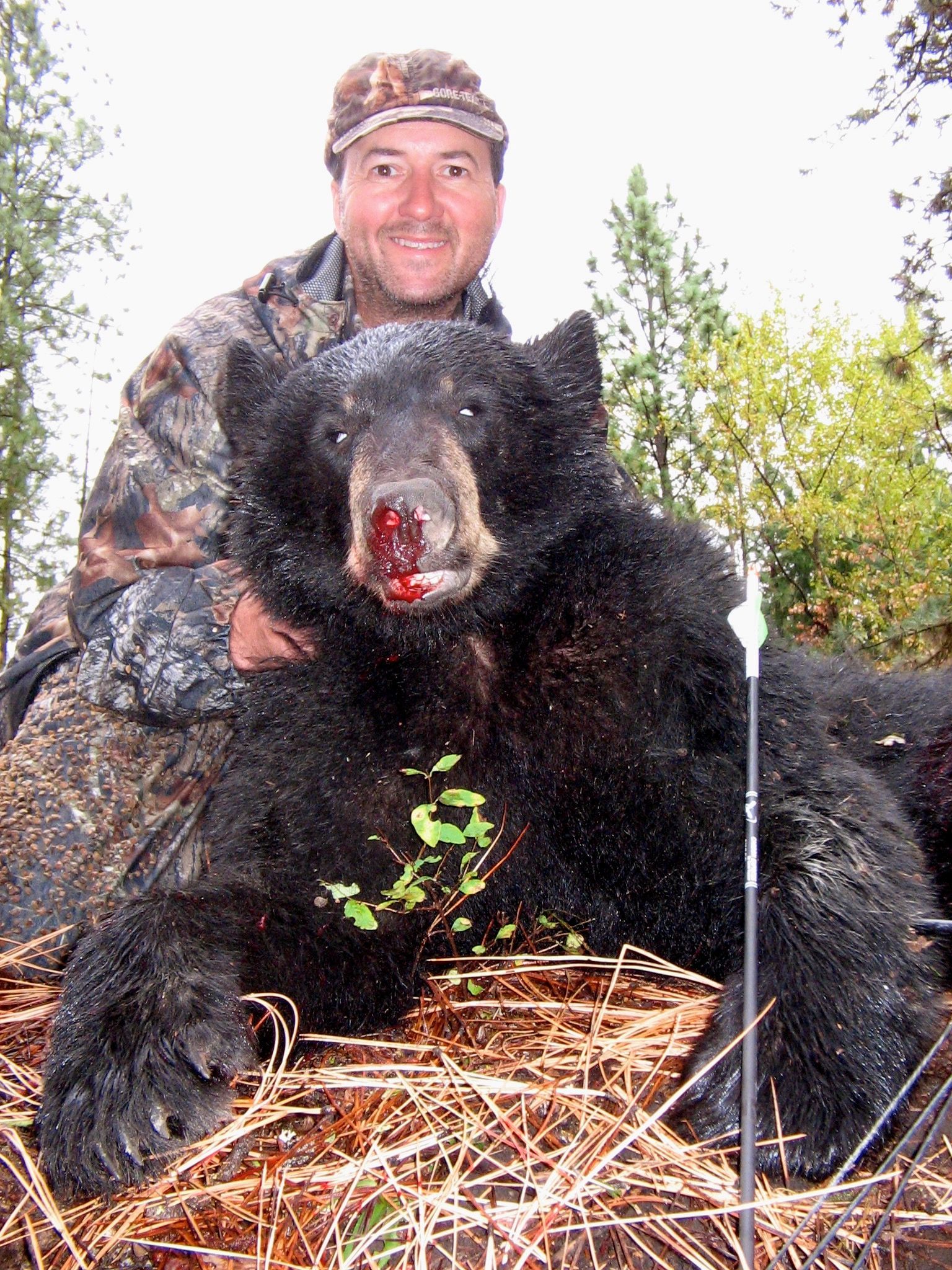 A black bear is laying on its back in the snow.