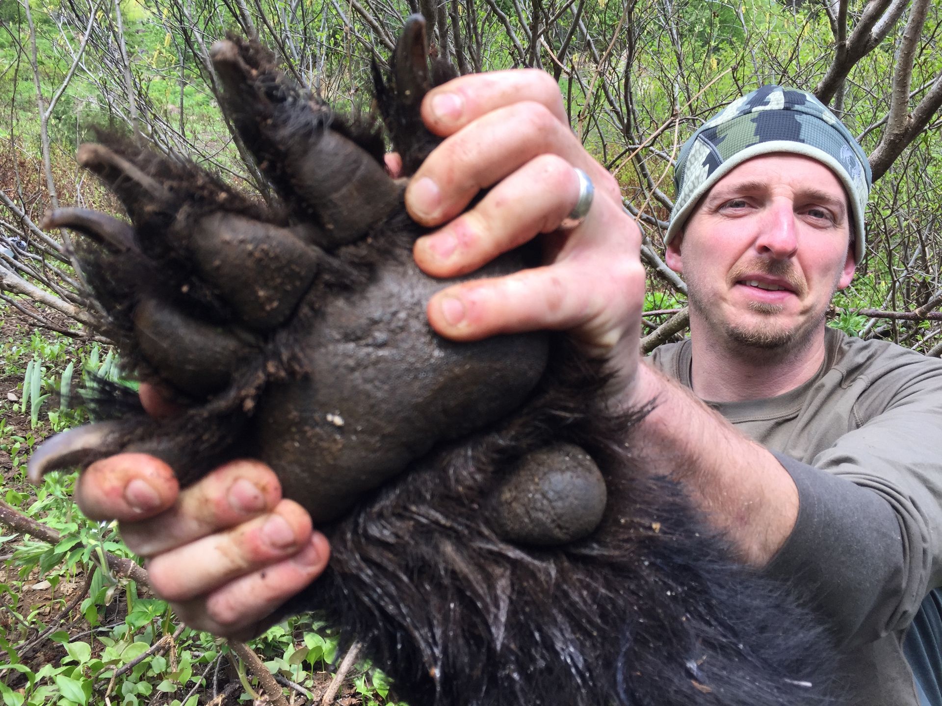 A man is holding a large bear paw in his hands.