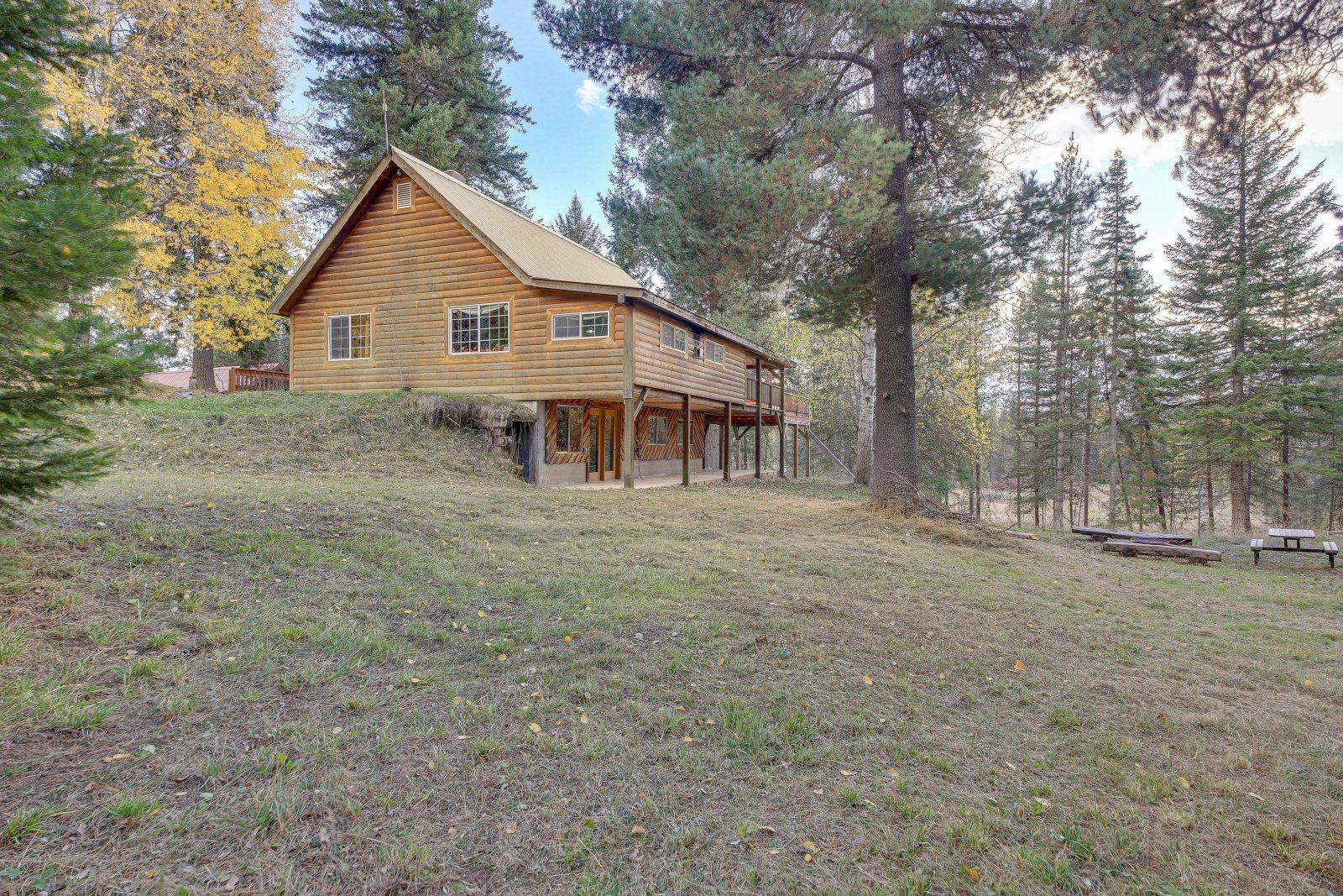 A log cabin is sitting on top of a grassy hill in the middle of a forest.
