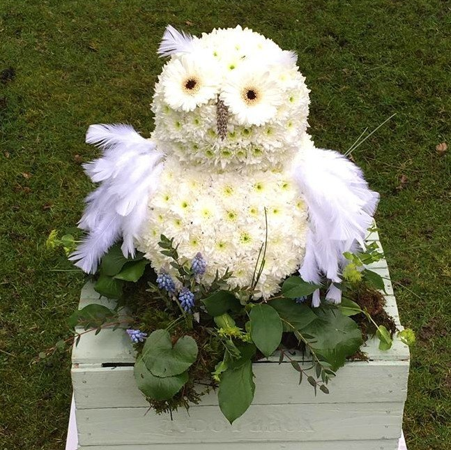 Bespoke Funeral Owl Tribute created by  Rachel's Country flowers who is a specialist funeral florist situated in the Scottish Highlands. Covering Edderton, Tain, Seaboard Villages, Balintore, Hilton, Fearn, Portmahomack, Invergordon, Alness, Dornoch, Golspie, Ardgay, Lairg. Lettering casket sprays, sheafs, posies and wreaths
