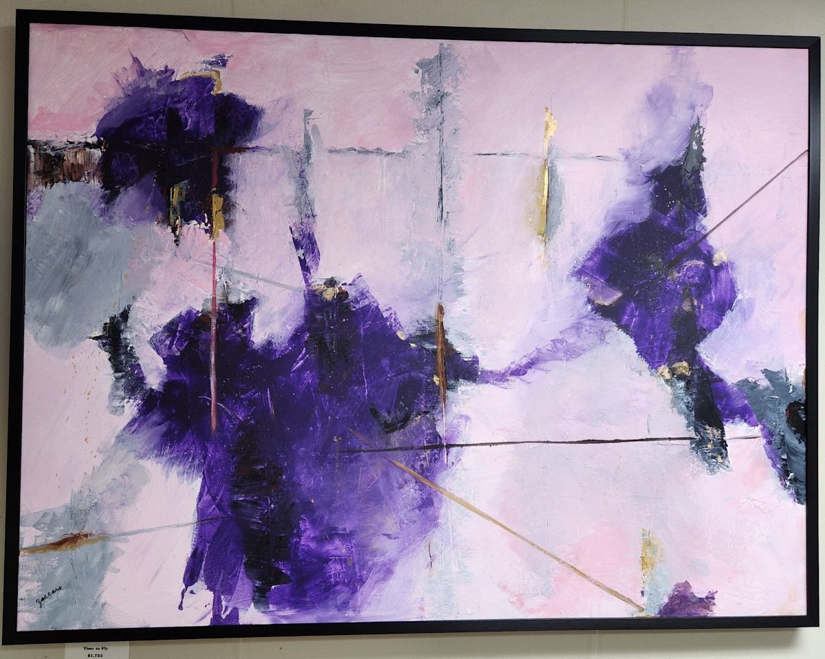 Abstract painting with purple and gray blots on a pink background, with thin gold and black lines.