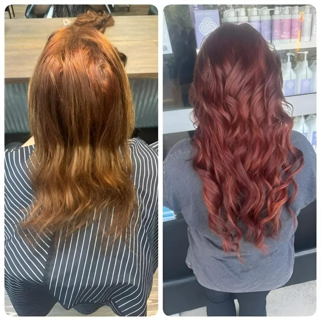 A Before and After Photo of A Woman's Hair From Brown to Red Hair — Eco Village Hair in Bongaree, QLD
