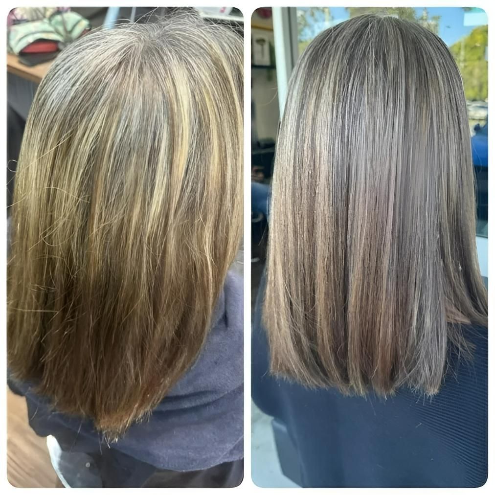 A Before and After Photo of A Woman's Hair — Eco Village Hair in Bongaree, QLD