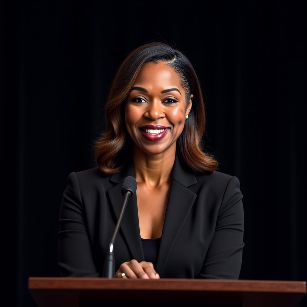 A professional speaker smiles while gesturing at a podium in front of a dark, curtained background.