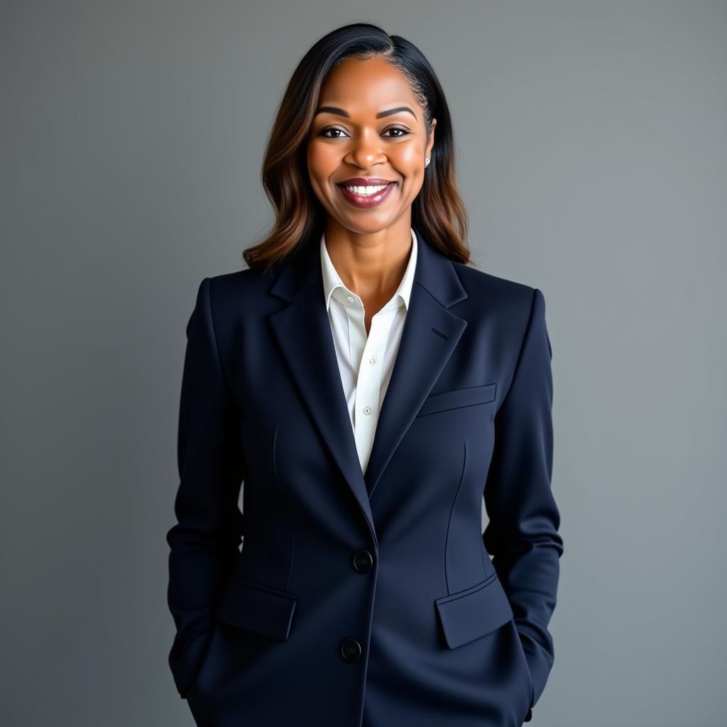 A professional posing against a grey background, wearing a dark navy blazer over a white button-down shirt.